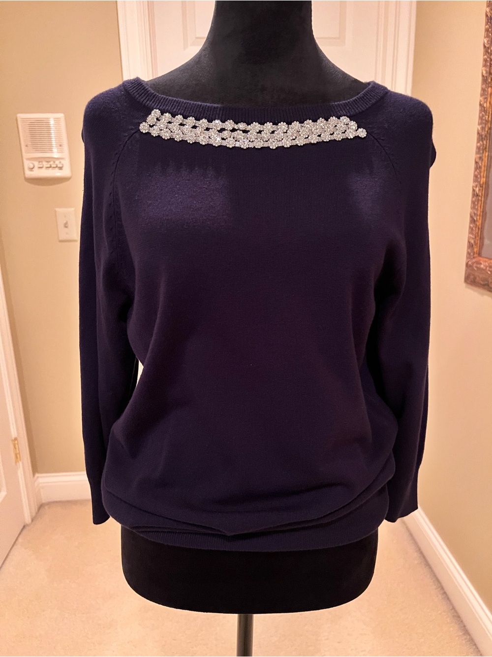 Chelsea & Theodore Navy Crewneck Sweater with Jewel Trim. NWT